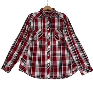 Helix Mens XXL Athletic‎ Fit Plaid Button Up Shirt Red White Black Long Sleeve